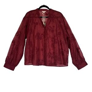 NWT Women's XL Burgundy Sheer Whimsical Button Blouse Embroidered Romantic
